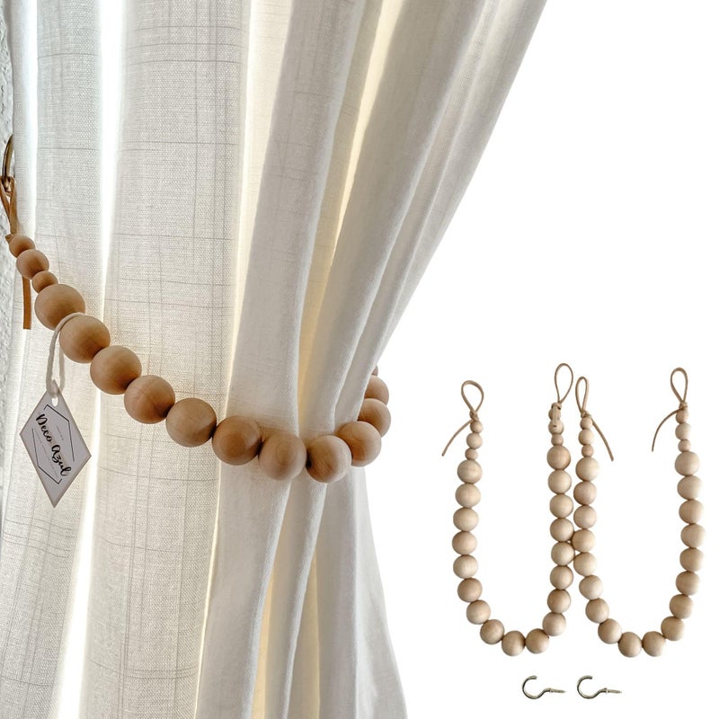 Deco Azul Curtain tiebacks - Curtain Hooks for Drapes - Boho curtain tie backs - Natural wood bead curtain ties - Curtain Holdbacks - Drappery Tiebacks - Curtain Holders - Set of 2 - Image 1